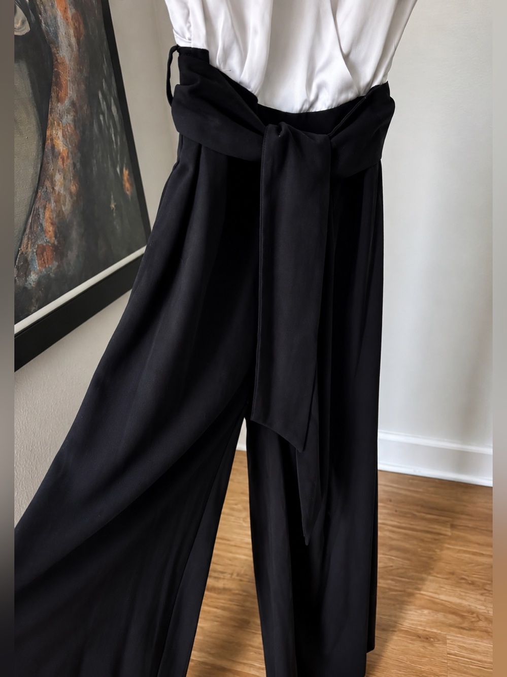 H&M Satin Halter Wide Leg Jumpsuit Black & Ivory Size 4 - Picture 5 of 7